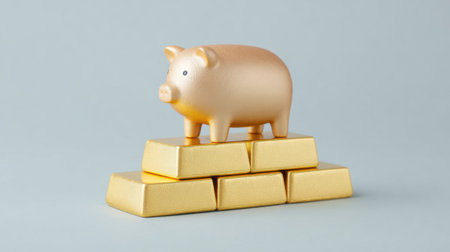 A pig is standing on top of a stack of gold bars. Concept of wealth and prosperity, as the pig is a symbol of good fortune and the gold bars represent financial successの素材