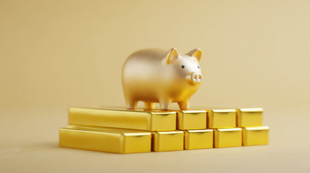 A gold pig sits on top of a stack of gold bars. The pig is a symbol of wealth and prosperity, and the gold bars represent the value of the pig. Concept of abundance and prosperityの素材