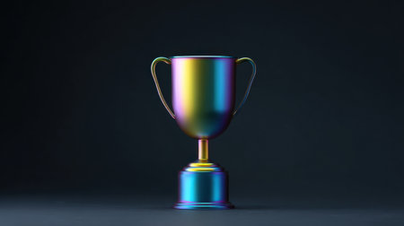 A colorful trophy is sitting on a black background. The trophy is made of metal and has a shiny, metallic finish. The colors of the trophy are vibrant and eye-catchingの素材