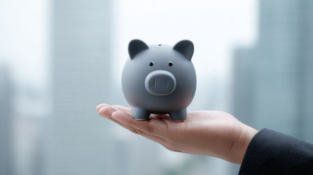 A hand holding a piggy bank. The piggy bank is grey and has a smiley face on itの素材