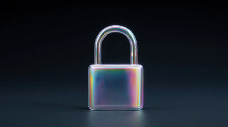 A lock with a rainbow colored handle. The lock is made of glass and is sitting on a dark backgroundの素材