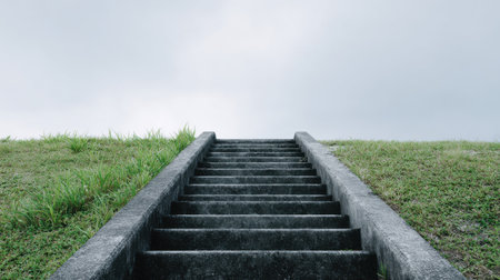A set of concrete steps leading up to a hill. The steps are wet and the sky is cloudyの素材