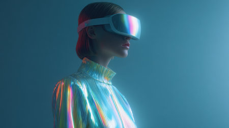 A woman in a futuristic outfit stands in front of a blue background. She is wearing a pair of virtual reality gogglesの素材