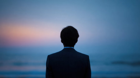 A man in a suit is standing on a beach at sunset. The sky is a mix of blue and pink, creating a serene and peaceful atmosphere. The man's posture and the setting sun evoke a sense of contemplationの素材