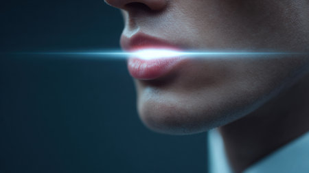 A man's face is lit up with a bright light, creating a surreal and otherworldly effect. Concept of mystery and intrigue, as if the man's lips are glowing with an otherworldly energyの素材