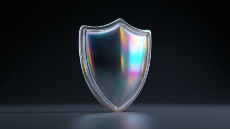A shiny, reflective shield with a black background. The shield is made of a material that reflects light, giving it a futuristic appearanceの素材