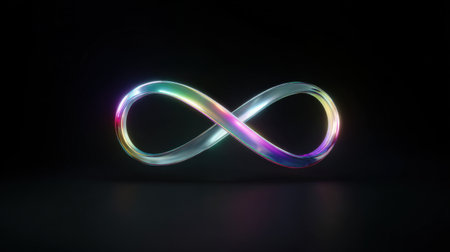 A colorful, glowing, and abstract representation of an infinity symbol. The image is in black and white, and the colors are vibrant and eye-catching. Scene is one of wonder and curiosityの素材