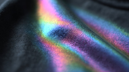 A rainbow is reflected on a black shirt. The colors are vibrant and the reflection is almost like a paintingの素材
