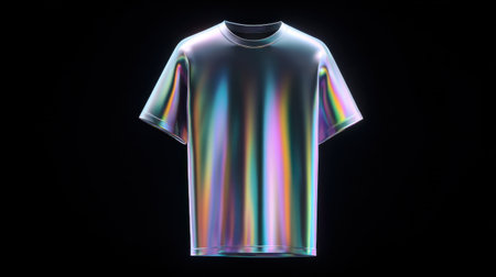 A shirt with a rainbow effect on it. The shirt is made of a shiny material and is displayed in a dark roomの素材