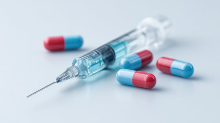 A syringe with a blue and red pill next to it. The syringe is filled with a blue liquidの素材