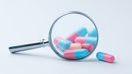 A magnifying glass is used to look at a pile of pills. The pills are blue and pinkの素材