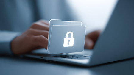 A person is typing on a laptop with a file that has a lock on it. Concept of security and protection, as the lock symbolizes the need to keep important information safeの素材