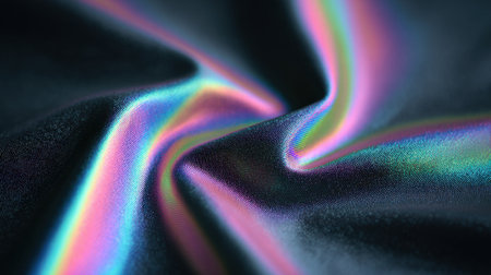 A piece of fabric with a rainbow pattern. The colors are bright and vibrant, creating a sense of energy and excitement. The fabric appears to be made of a synthetic material, which gives it a shinyの素材