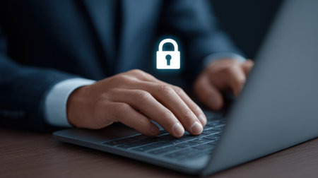 A man is typing on a laptop with a lock icon on the screen. Concept of security and protection, as the lock symbolizes the safeguarding of information or data. The man's focused postureの素材