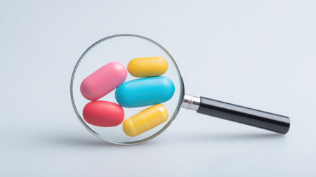 A magnifying glass is used to look at a bunch of colorful pills. The pills are in different colors and sizes, and they appear to be medicine. Concept of curiosity and intrigueの素材