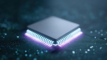 A computer chip is lit up with neon colors. Concept of technology and innovationの素材
