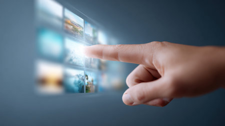A hand is pointing at a screen with a picture of a beach. The image is a collage of different beach scenes, and the hand is hovering over the one with the most blue in it. Scene is calm and relaxingの素材