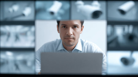 A man is looking at a computer screen with multiple images on it. The man is focused on the screen, possibly working or studying. The images on the screen are blurry and overlappingの素材