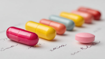 A row of pills are lined up on a table, with one pill missing. The pills are of different colors and sizes, and the empty pill is pink. The scene suggests that someone may have taken one of the pillsの素材