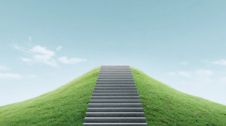 A grassy hill with a long set of stairs leading up to it. The sky is clear and blue, and the grass is lush and green. Concept of peacefulness and tranquilityの素材