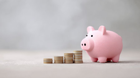 A pink piggy bank with a stack of coins on top of it. The piggy bank is full of coins and the coins are stacked on top of each otherの素材
