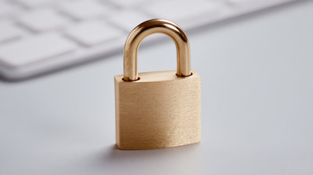 A gold key is on a white surface. The key is a lock and the lock is goldの素材