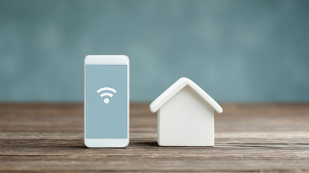 A smart phone and a house are on a wooden table. The smart phone has a wifi symbol on itの素材