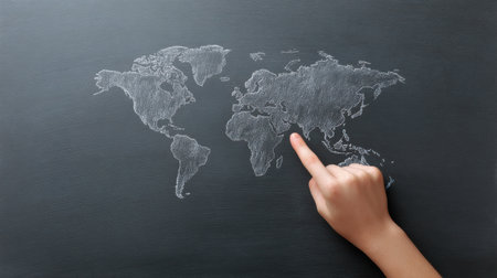 A hand pointing at a map of the world. The map is drawn on a blackboardの素材