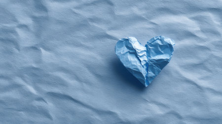 A heart made out of paper is on a blue background. The paper is torn and crumpled, giving the impression of a broken heart. The blue background adds a sense of calmness and serenity to the imageの素材