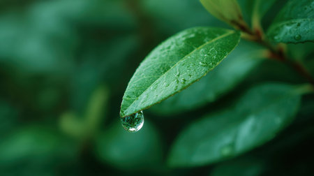A leaf with a drop of water on it. The leaf is green and the water droplet is clearの素材