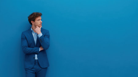 A man in a blue suit is standing in front of a blue wall, looking to his left. He is deep in thought, possibly contemplating a decision or problem. The suit is well-tailoredの素材