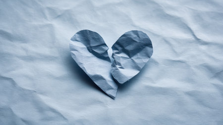 A heart made of paper is torn in half. Concept of sadness and loss, as the heart is no longer whole. The torn paper heart serves as a metaphor for the brokennessの素材
