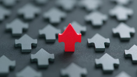 A red arrow is placed in the middle of a black and white background of many other arrows. The red arrow stands out as the only one in the sceneの素材