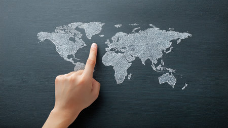A hand pointing at a map of the world. The map is drawn on a black surface. The hand is positioned above the map, with the thumb pointing to the top left corner. Concept of exploration and curiosityの素材