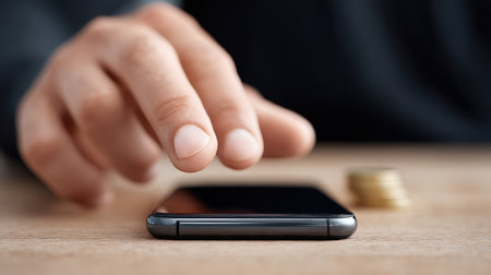 A person is pointing at a cell phone on a table. The phone is black and has a silver coin on the tableの素材