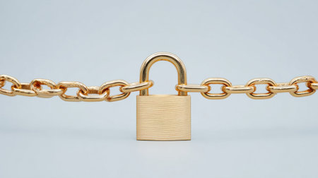 A gold chain with a lock on it. The lock is open and the chain is broken. Concept of vulnerability and insecurityの素材