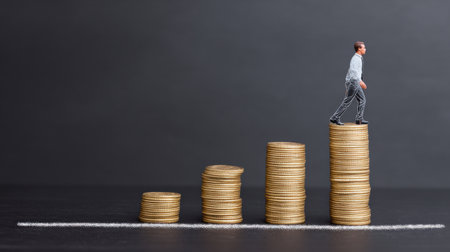 A man is walking up a series of gold coins. The coins are stacked in a pyramid shape, with the bottom row being the largest and the top row being the smallestの素材