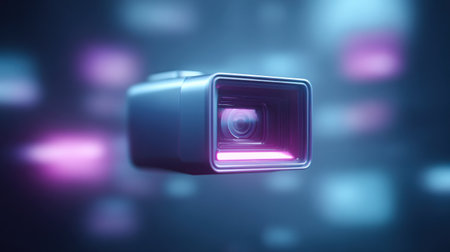 A camera lens is suspended in the air with a purple glow. The image has a futuristic and surreal feel to it, as if the camera is floating in a dreamlike worldの素材