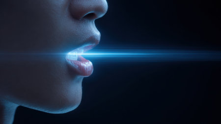 A woman's mouth is shown with a bright blue light shining through it. Concept of futuristic technology and the idea of a futuristic world where people can communicate through their mouthsの素材