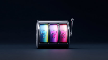 A slot machine with three reels and the number seven on each of them. The machine is on a black backgroundの素材