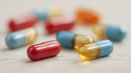 A bunch of pills are on a table, some are red, some are blue, and some are yellowの素材