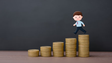 A cartoon man is jumping over a stack of gold coins. The coins are stacked in a pyramid shape, with the bottom row being the largest and the top row being the smallest. The man is wearing a suitの素材