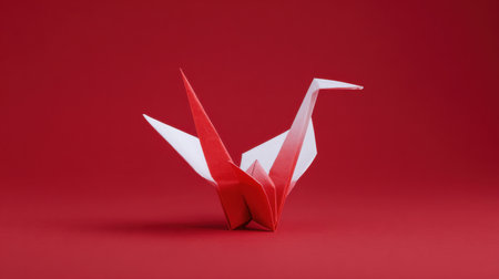 A red and white origami bird is sitting on a red background. The bird is a symbol of peace and freedom, and the red background adds a sense of warmth and intensity to the imageの素材