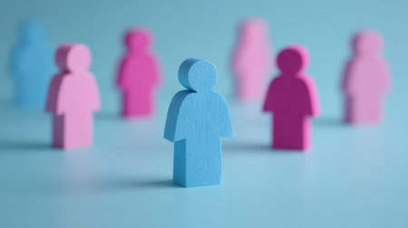 A blue figure stands in front of a group of pink figures. The blue figure is the only one that is not pinkの素材