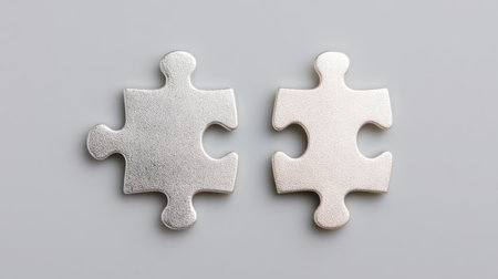 Two puzzle pieces are shown side by side. The puzzle pieces are silver and have a shiny, reflective surface. Concept of curiosity and intrigueの素材