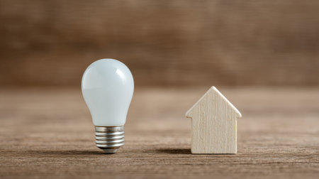 A light bulb and a house are on a wooden surface. The light bulb is lit up, and the house is made of wood. Concept of warmth and comfort, as the light bulbの素材
