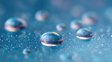 A blue background with many small water droplets on it. The droplets are scattered all over the background, creating a sense of movement and fluidity. The image conveys a feeling of calmnessの素材