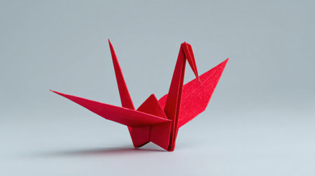 A red origami crane is sitting on a white background. Concept of tranquility and calmness, as the delicate paper bird appears to be at restの素材