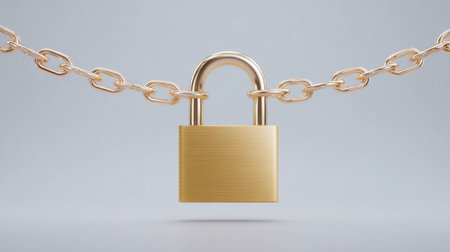 A gold chain with a lock hanging from it. The chain is made of gold and is very shiny. The lock is also made of gold and has a shiny surfaceの素材