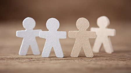 Four white and brown figurines are standing on a wooden surface. The figurines are of different sizes and are arranged in a row. Concept of unity and togethernessの素材